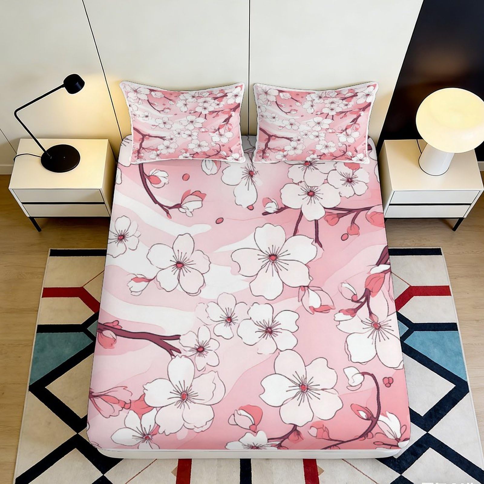 3D Printed Sakura Blossom Fitted Sheet Microfiber Soft Pink Floral Bed Sheet for Bedroom Guest Room Decor 90x200x25cm