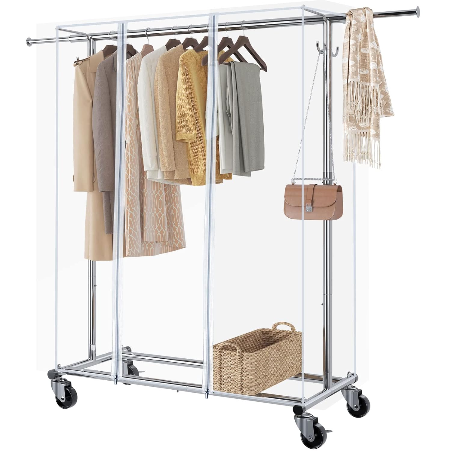 GREENSTELL Clothes Rack with Cover, Adjustable Garment Rack with Wheels