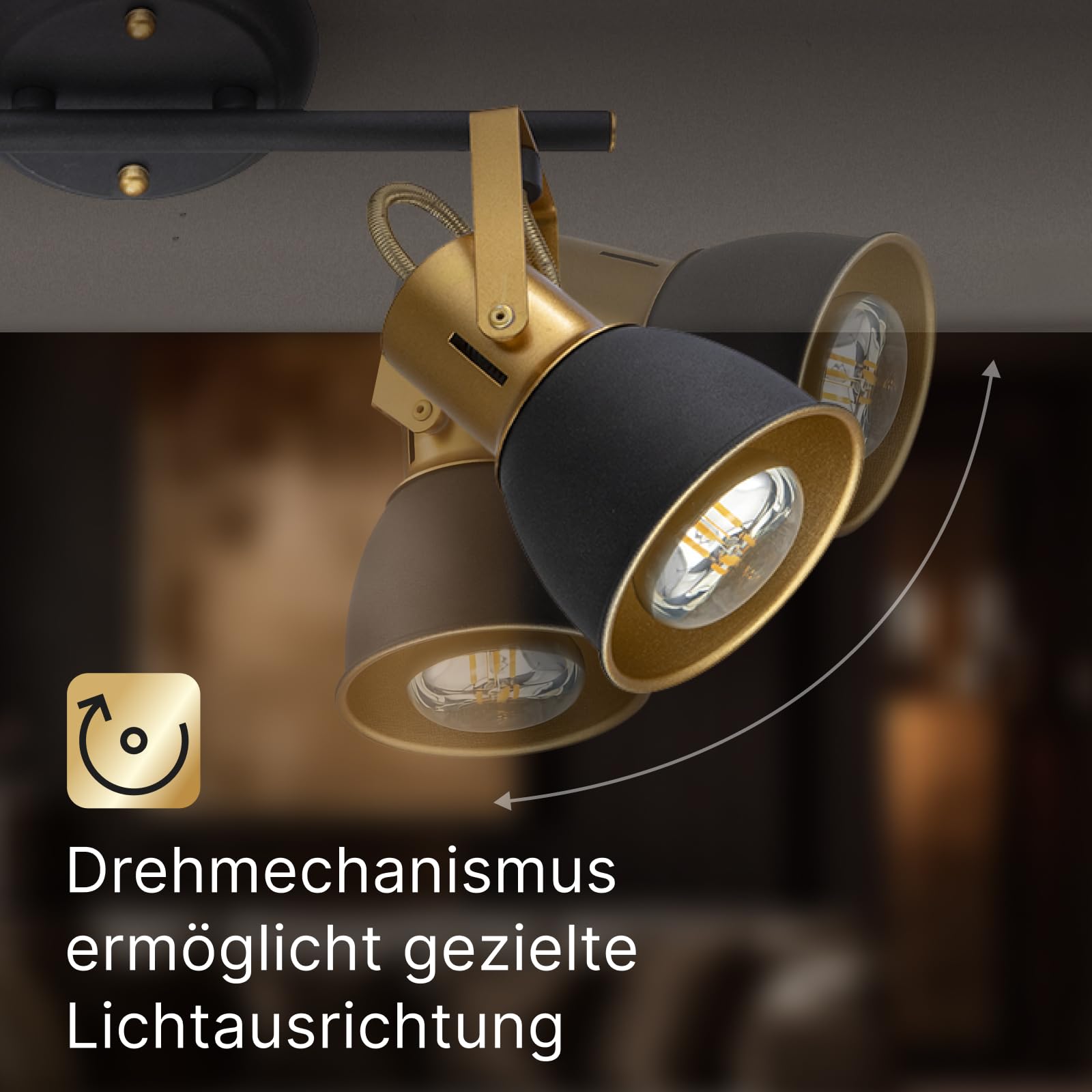 Lámpara de techo con 2 focos orientables, metal negro, con cable, focos LED de interior para cocina