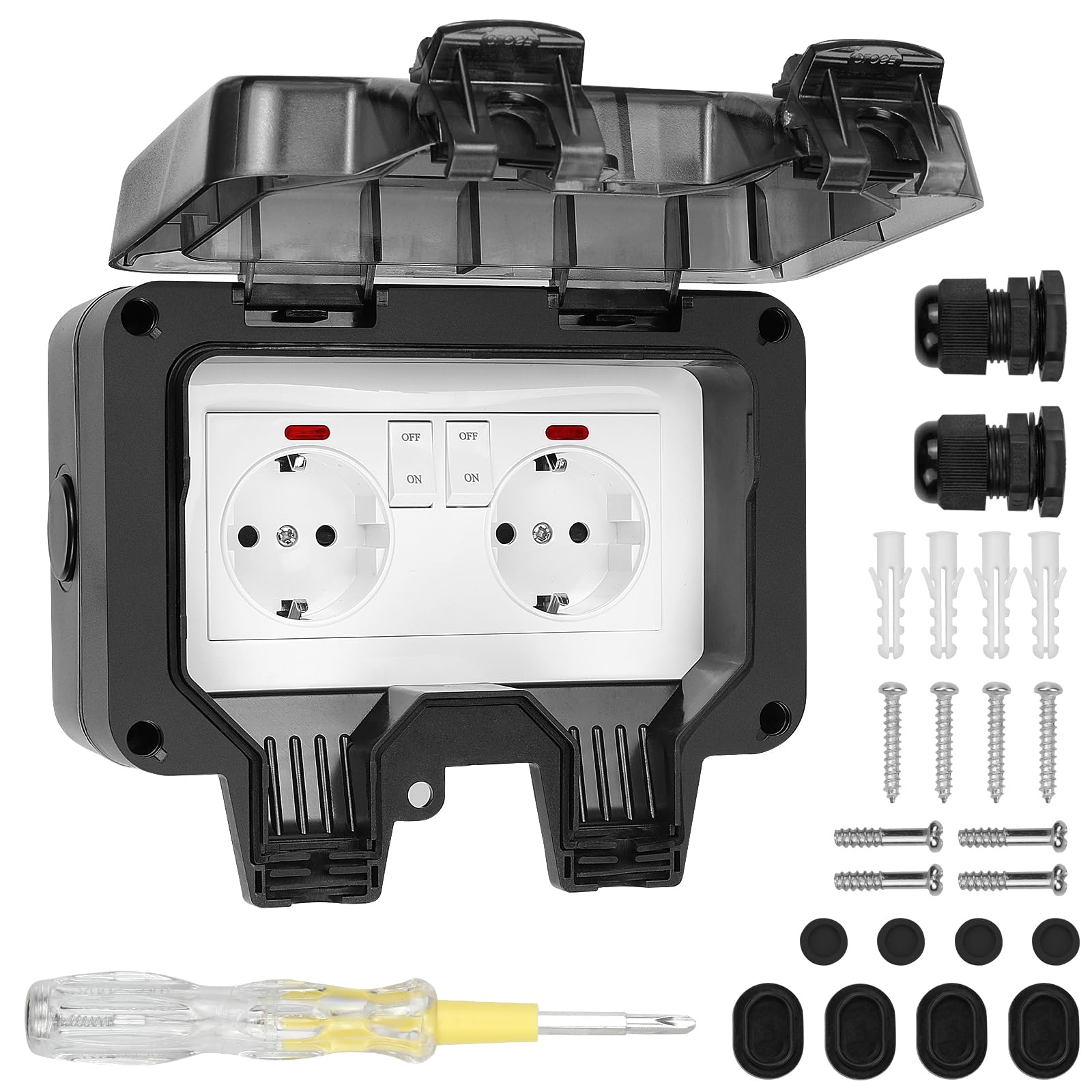 SHYOSUCCE 2-Fach Außensteckdose mit Kabelverbinder und Klappdeckel, IP66 Wasserdicht Wandsteckdose Staubdicht Outdoor Steckdose für Küche, Bad, Garage, Schwimmbad und Garten Schwarz