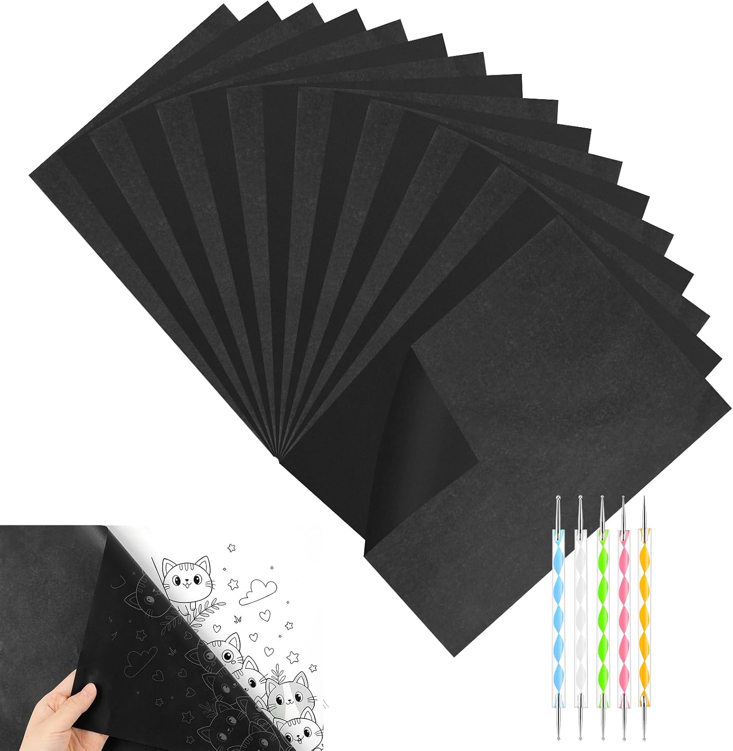 OSDUE Czarny papier kalkowy,200 arkuszy, kalka kreślarska A4 papier,czarny papier grafitowy transferowy z 5 rysikami do odrysowywania wzorów na drewnie, tkaninie, płótnie, napisach i szkicach