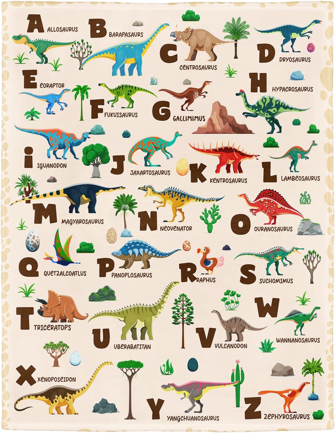HommomH Dinosaur Alphabet Blanket for Kids Boys Girls, A-Z Learning Chart with 26 Dinosaurs, Dino ABC Fleece Throw Blankets for Couch Bed, 40 x 50 Inches, Beige