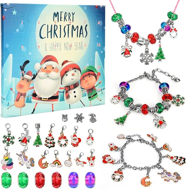 Advent Calendar 2022 Girls, Bracelet Advent Calendar Girls Christmas Countdown Calendar DIY Charms with Bracelet Necklace Jewellery Bracelet Making Kit for Girls Christmas
