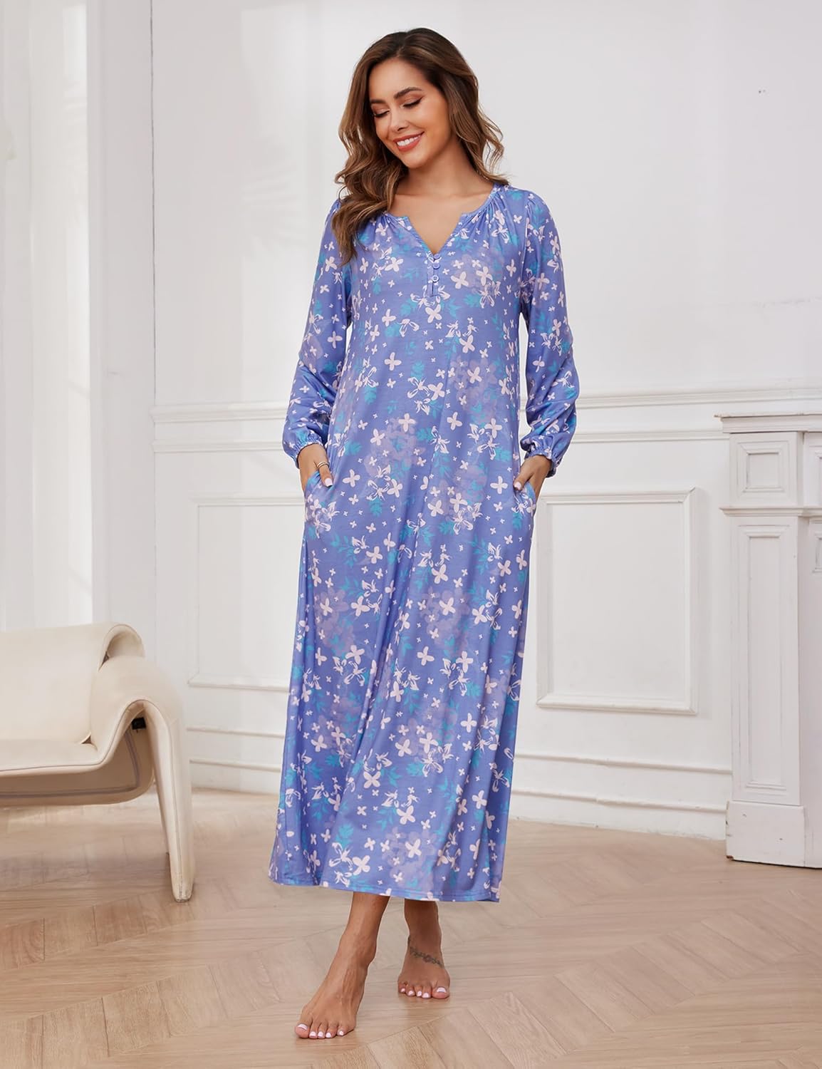 Marvmys Womens Long Sleeve Nightgown Soft Cotton Long Pajama Dress with Pockets Purple Floral S - Image 3