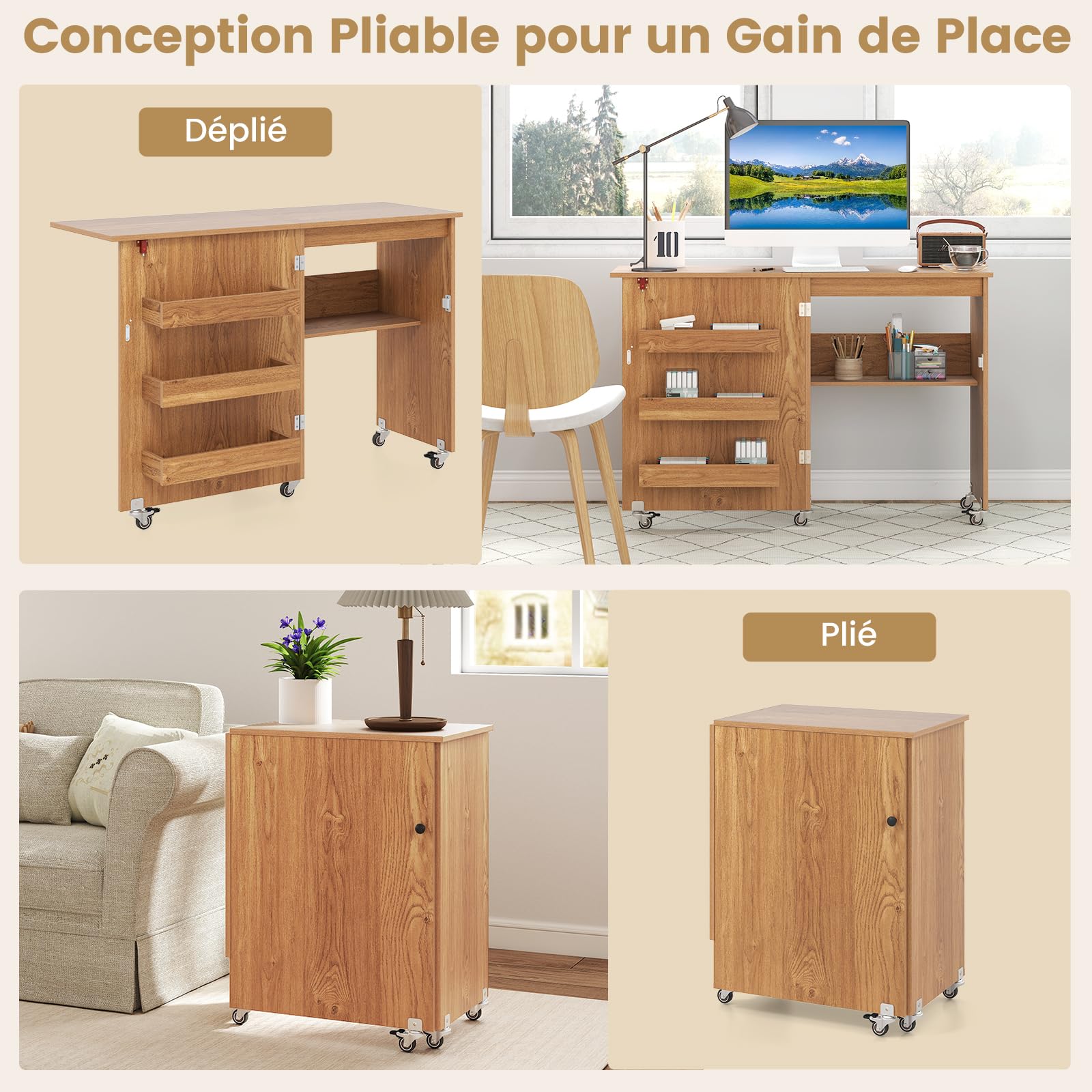 RELAX4LIFE Table de Couture Pliable avec Grand Plateau, 3 Compartiments, Étagère de Rangement, Meuble Gain de Place à roulettes pour Aiguilles, Fils et Ciseaux(Naturel)