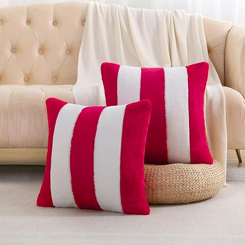 Miniatura 6 de Ikuoic Juego de 2 fundas de almohada a rayas rojas y blancas de 20 x 20 pulgadas, piel sintética de conejo y terciopelo suave, fundas de almohada