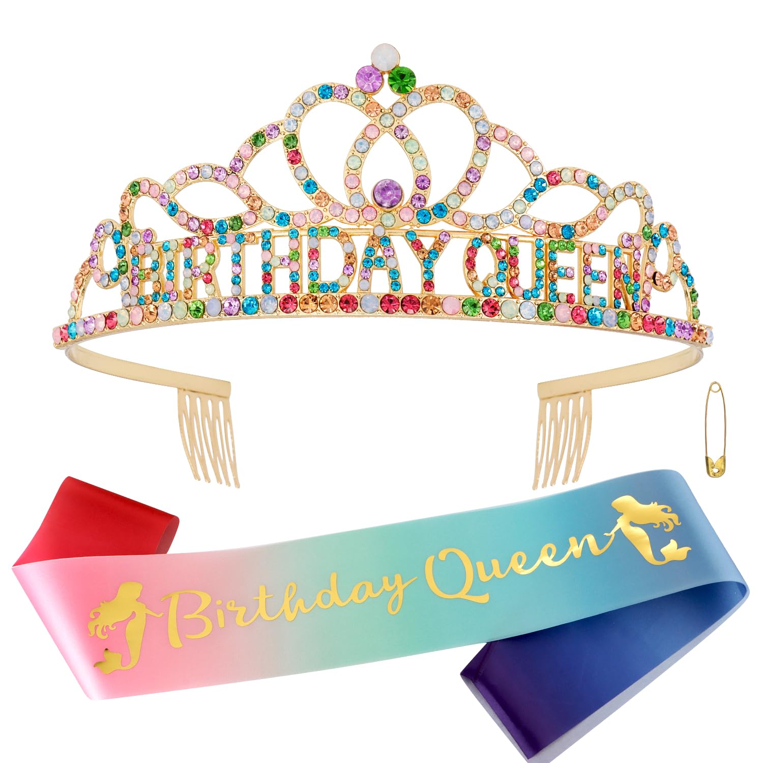 Chanaco Birthday Sash with Crowns and Tiara - Gold Queen Sash and Happy Birthday Decorations, Gift for Women