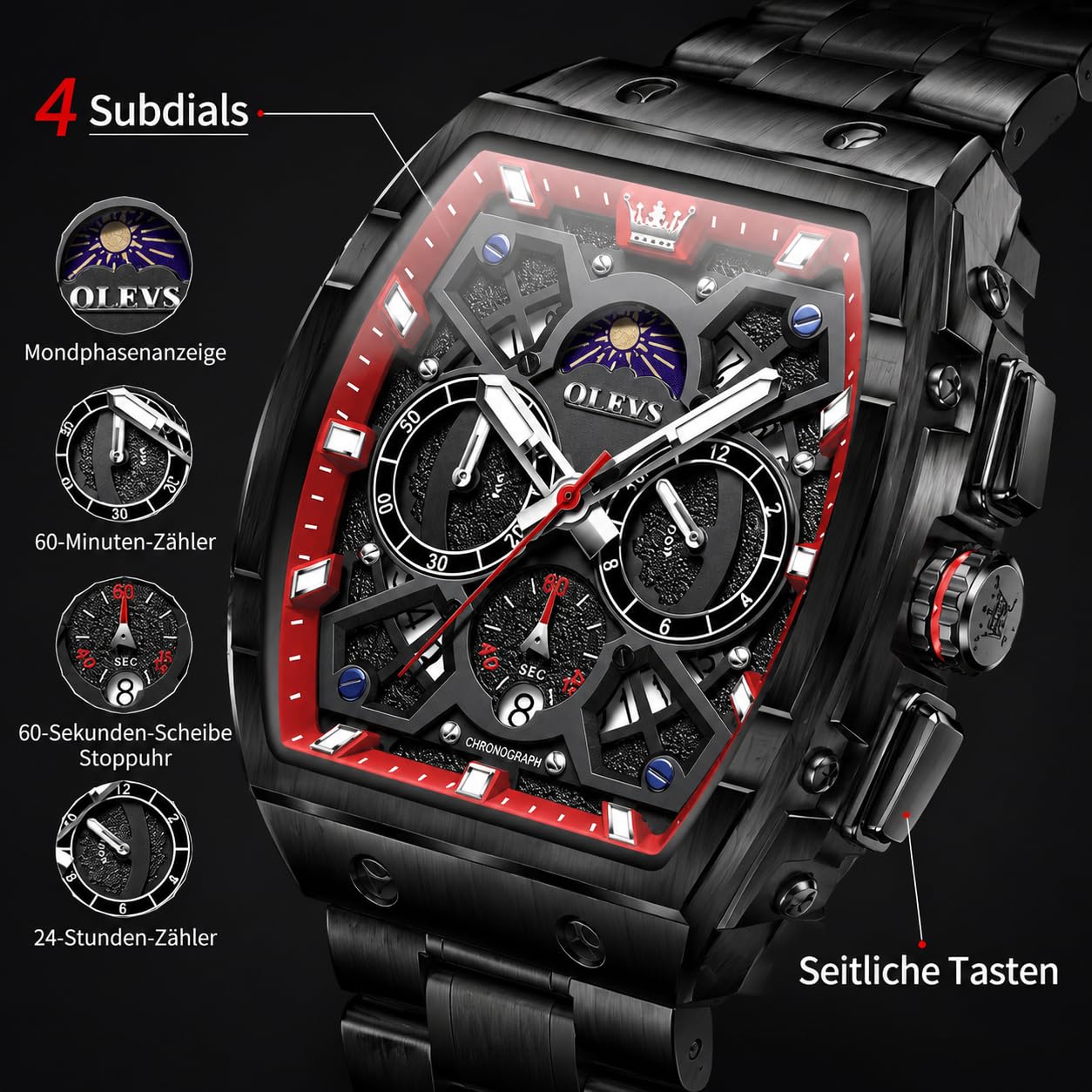OLEVS Orologio da uomo con cronografo, grande quadrato, in acciaio inox, al | Tonneau Design, orologio da polso con grande quadrante da 44 mm, impermeabile fino a 30 m, con fase lunare, luminoso