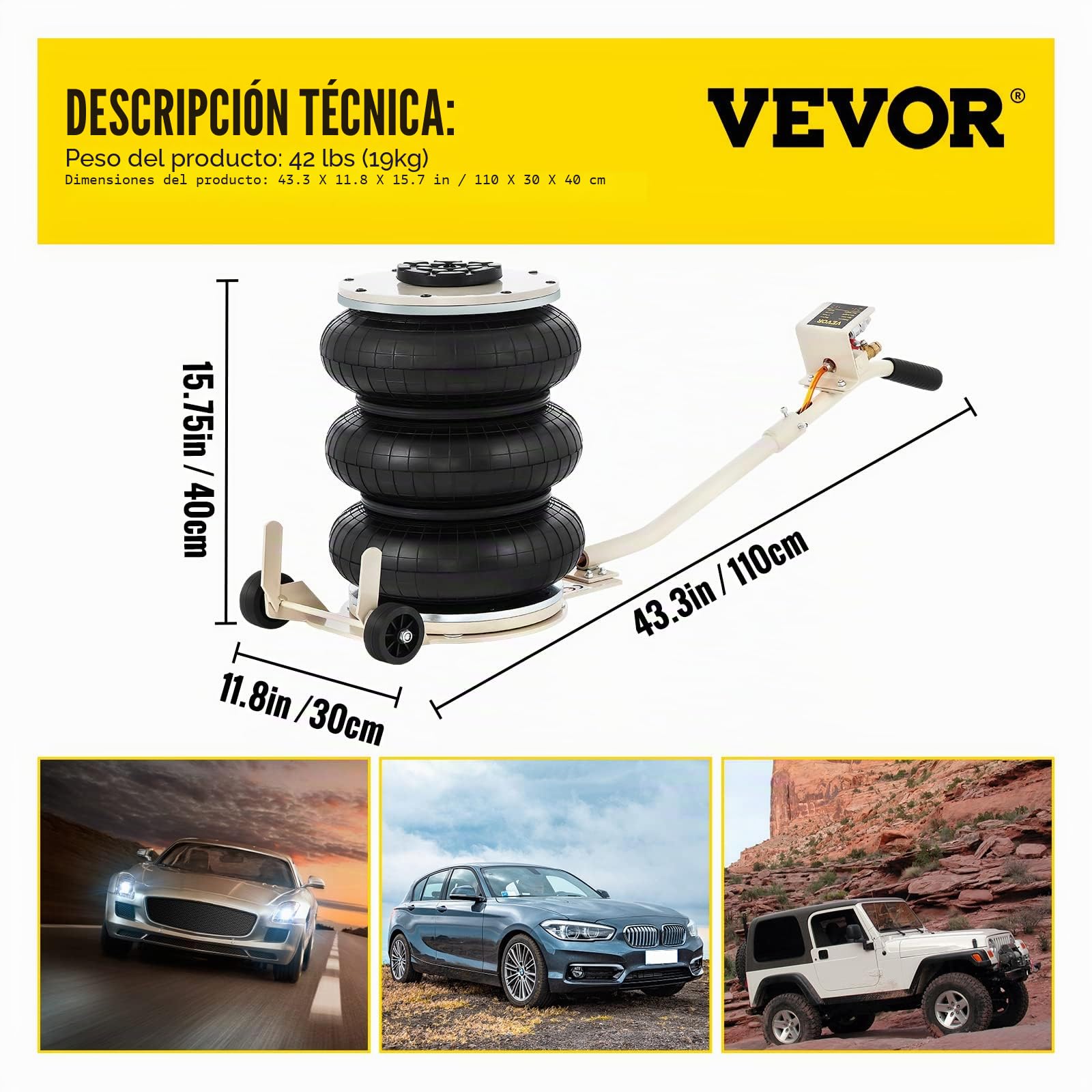 VEVOR Gato neumático para Coches, 5 toneladas Triple Bolsa Altura de elevación 16,5-40,6 cm, Gato Inflable para Coches Capacidad elevación Extremadamente rápida