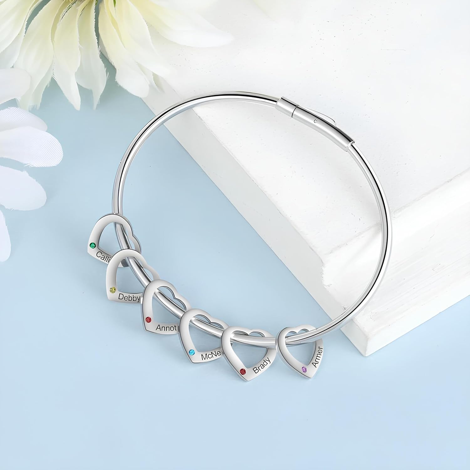 Birthstone Bracelet for Mom with Heart Charm – Custom Engraved Bracelet with Names – Personalized Mother’s Day Gift for Mom, Wife, or Grandma – Silver, Gold, or Rose Gold