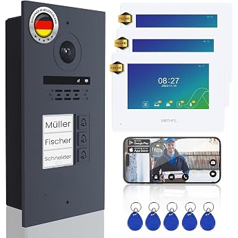 MATHFEL 2 Wire Bus IP 3 Family House Video Door Intercom System Full HD - Fisheye Camera 170 Degrees Outdoor Station in Aluminium 3 x 7 Inch WLAN Monitor in Anthracite RFID Access Control