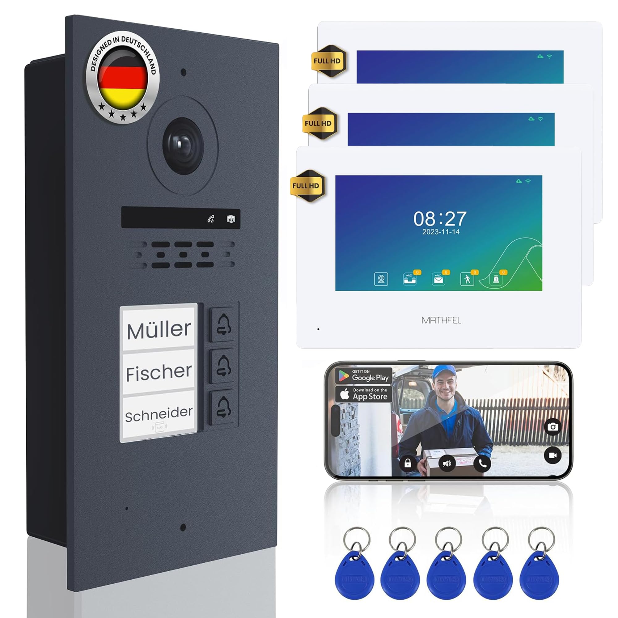 MATHFEL 2-Draht-Bus Video-Türsprechanlage – 3-Familienhaus, 170° Weitwinkelkamera, 3X 7-Zoll Touchscreen-Monitor, RFID, Anthrazit Außenstation, WLAN-App und IP65 wetterfest
