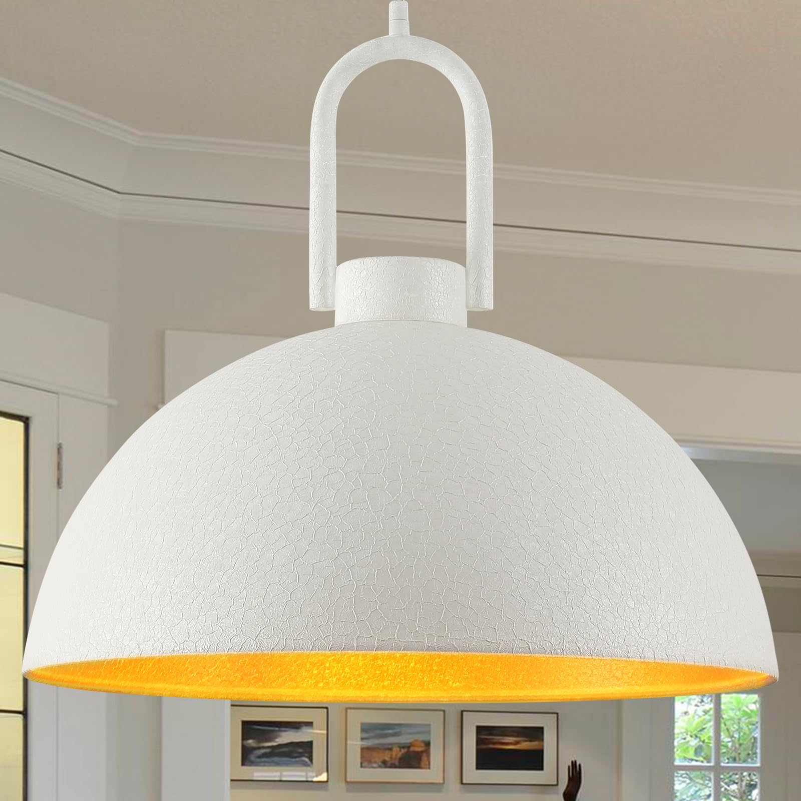 Large Pendant Light for Kitchen Island, 17.7" Matte White and Gold Vintage Industrial Hanging Lamp, Adjustable Height Textured Dome Hanging Light Fixture for Living Dining Room Hallway Sink