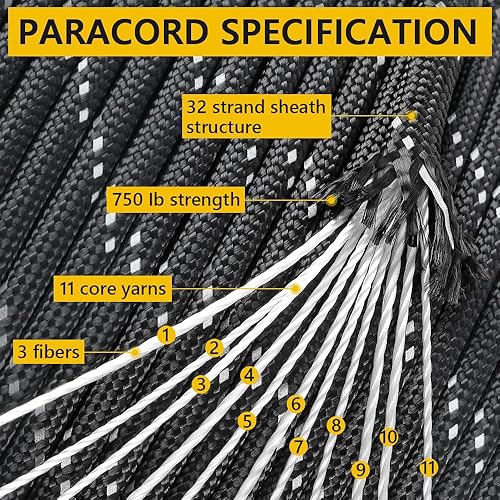 Miniatura 2 de 750Ib Reflective Paracord Rope,100' 200' 500' 1000', 4mm 11 Strand Parachute Spool Cord with Collecting Bag, para Cord Lanyard for Hammock, Camping