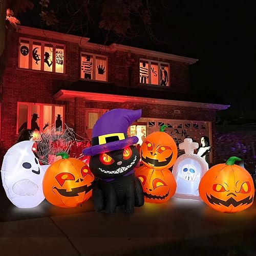 MICOCAH Inflables de Halloween para decoración al aire libre de 8 pies de largo, divertidos faroles inflables de calabaza con gato negro, luces LED