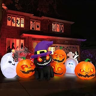 8 FT Long Halloween Inflatables Outdoor Decorations - Blow Up Cat & Pumpkin Lanterns with Tombstone Ghost Halloween Yard Decorations, Built-in LED Lights Décor for Holiday Party Yard Lawn