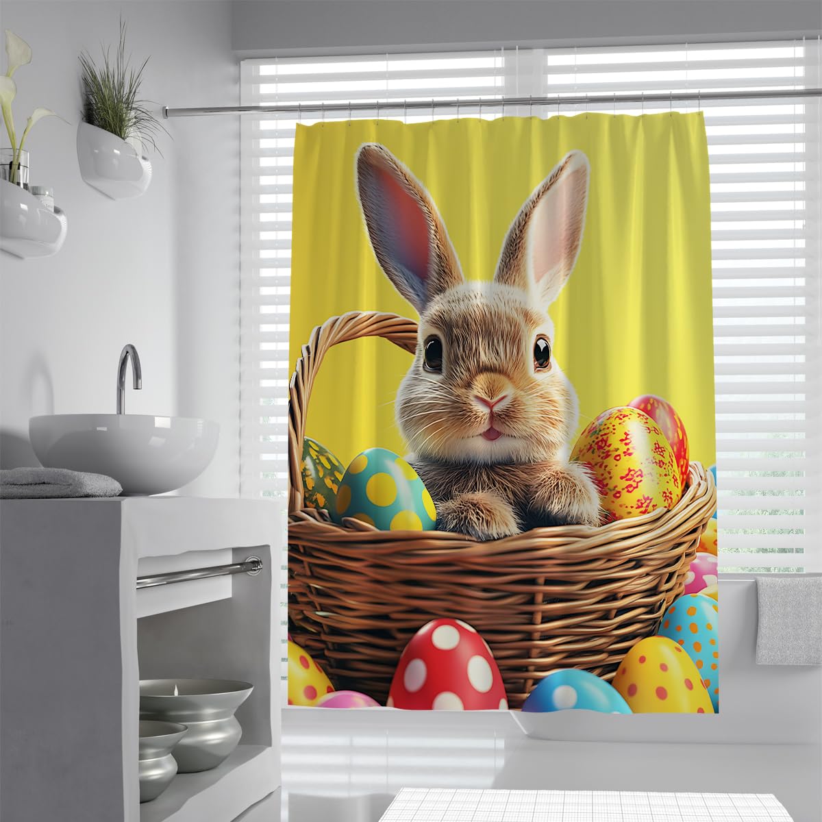 Kanincheneier Kunst Badevorhang Festliche Osterszene Duschvorhang für den Frühling Kinderzimmer Badezimmerdekoration Wasserdichter Polyesterstoff Gelb 180 x 180 cm