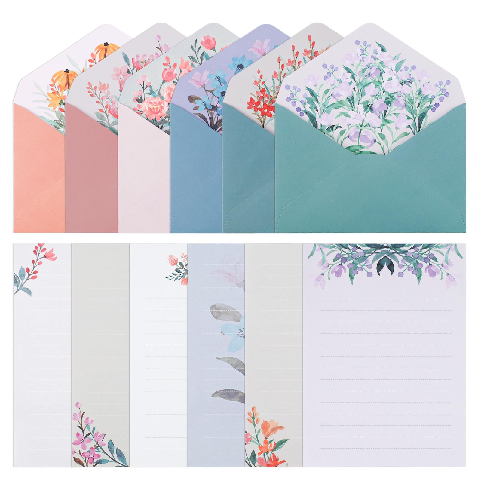 Diakey 72 Pack Stationery Letter Paper and Envelopes, 48 Writing Paper + 24 Envelopes, Cute Pretty Flower Stationary Set for Love Letter, Party Invitation, Penpal, 6 Styles