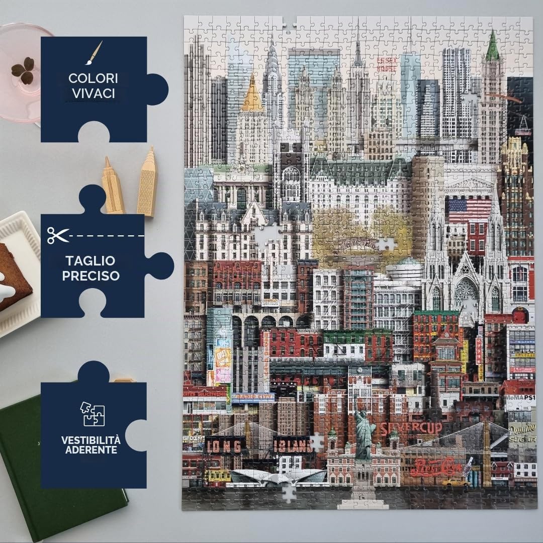 Martin Schwartz ApS - Puzzle da 1000 pezzi, motivo: città di New York, per adulti, con poster e lista degli edifici, 50 x 70 cm, cartone