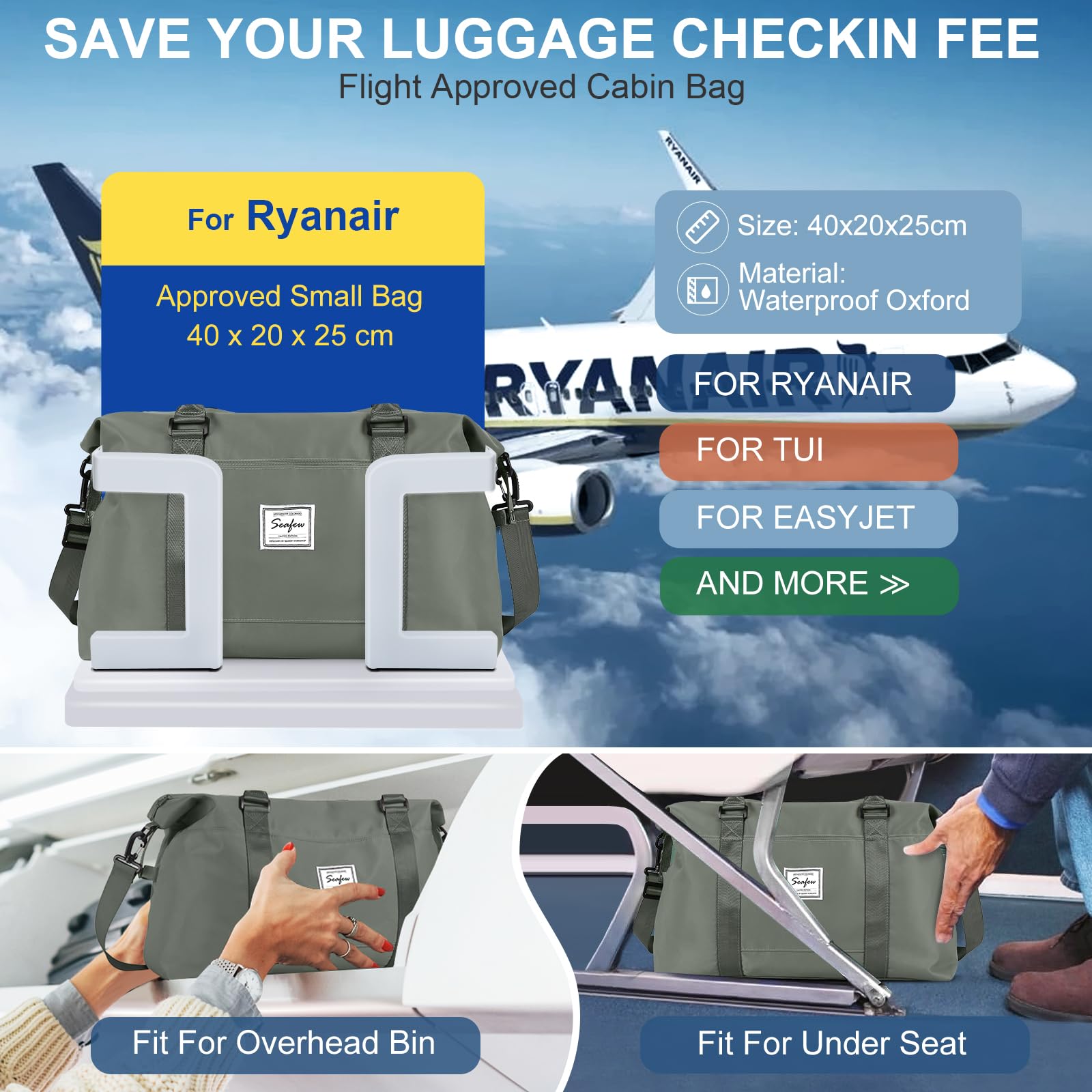 SZLX Ryanair Cabin Bag 40x30x20 Duffel Bag, Ryanair Airlines Cabin Bag 40x20x25 Underseat Foldable Travel Duffel Bag Holdall Tote Carry on Hand Luggage Overnight for Women and Men(Olive Green) — view 3