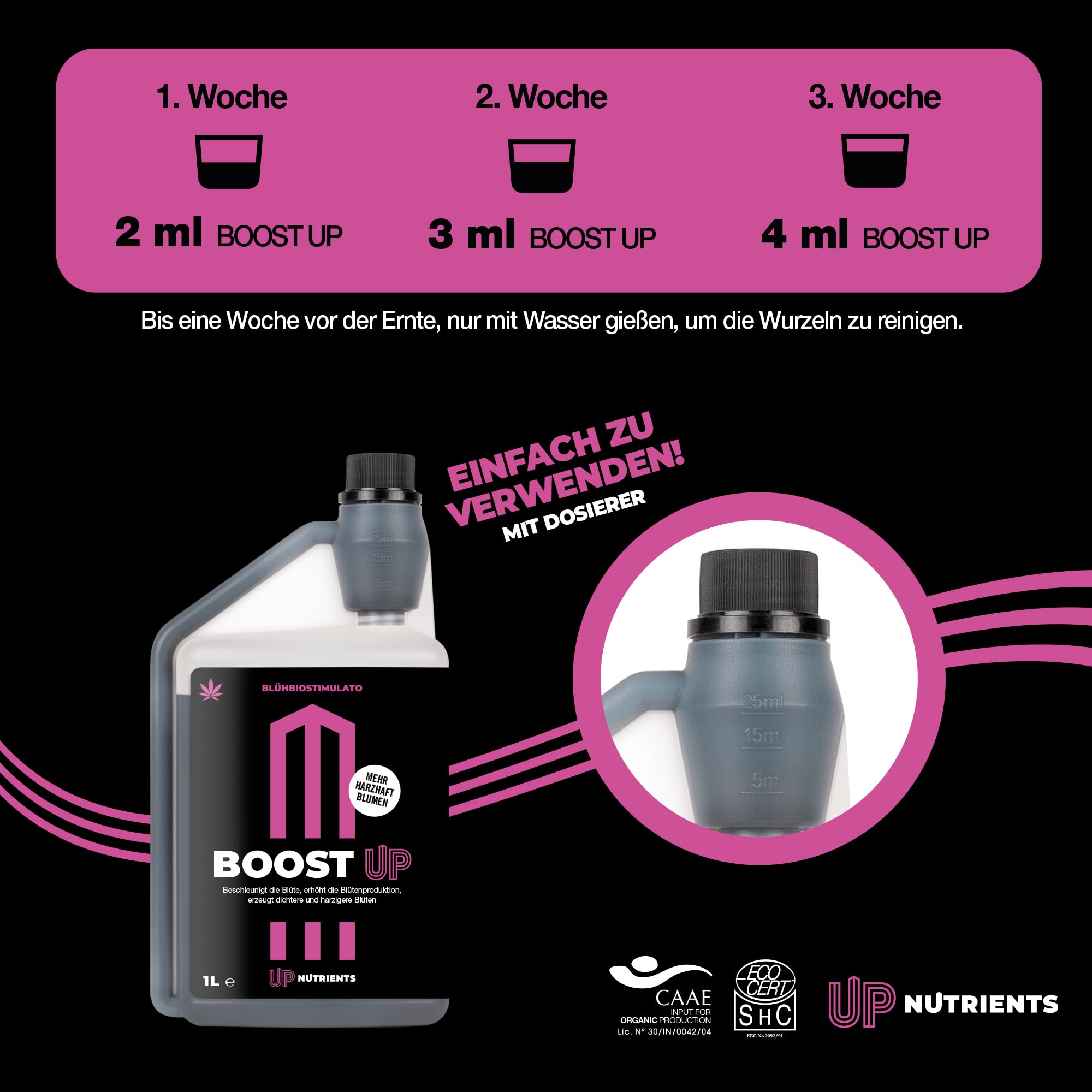 UP NUTRIENTS BOOST UP 1 L | Bio-Blühstimulator & Blütenbooster | Erhöht Blüten-, Frucht- & Knospenbildung | Mehr Dichte & Harz | NPK 1,5-0-1,2 | 100% Pflanzlich
