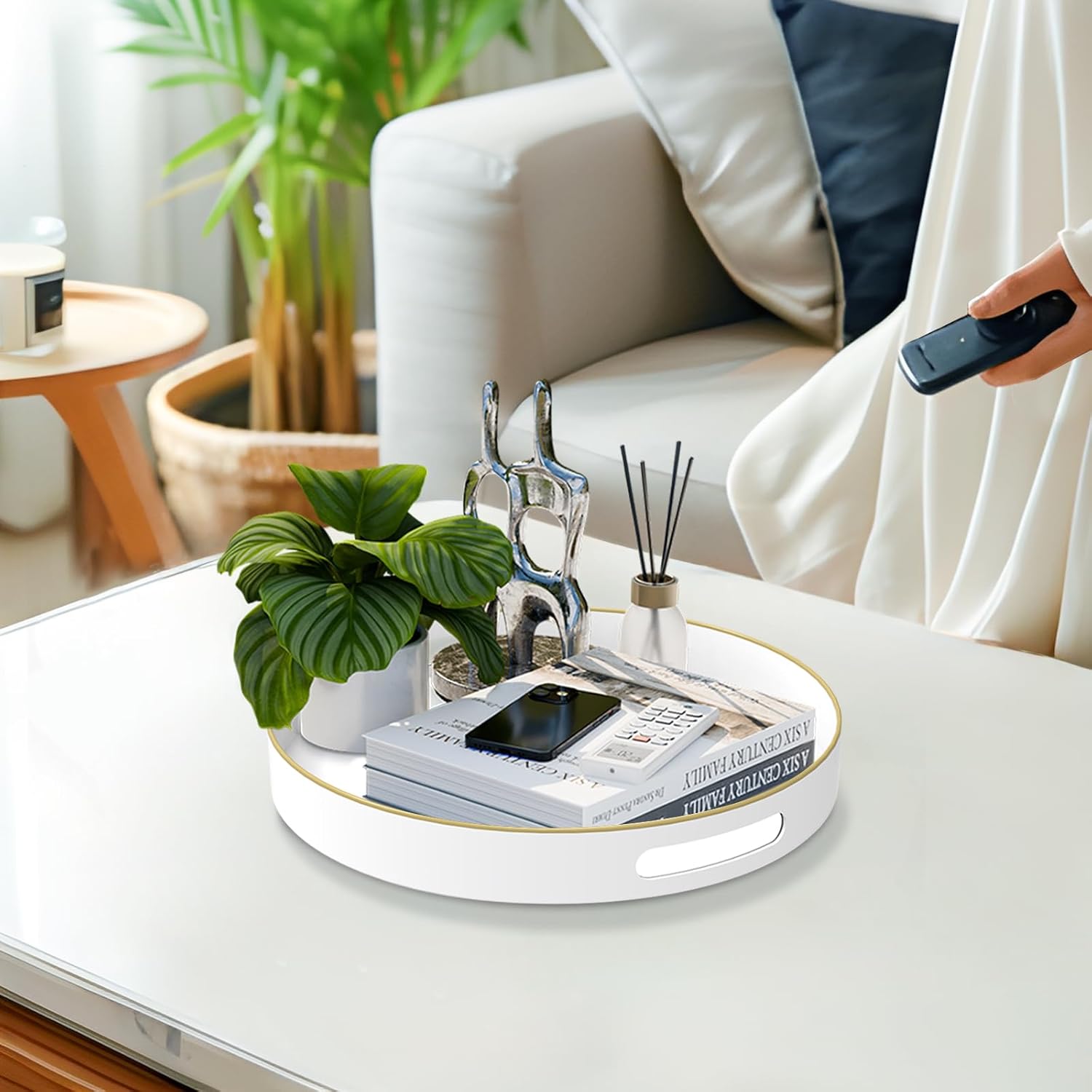 MAONAME White Decorative Tray for Coffee Table, Modern Round Serving Tray with Handles, 13" Plastic Tea Trays for Ottoman, Bathroom Decor - Image 5