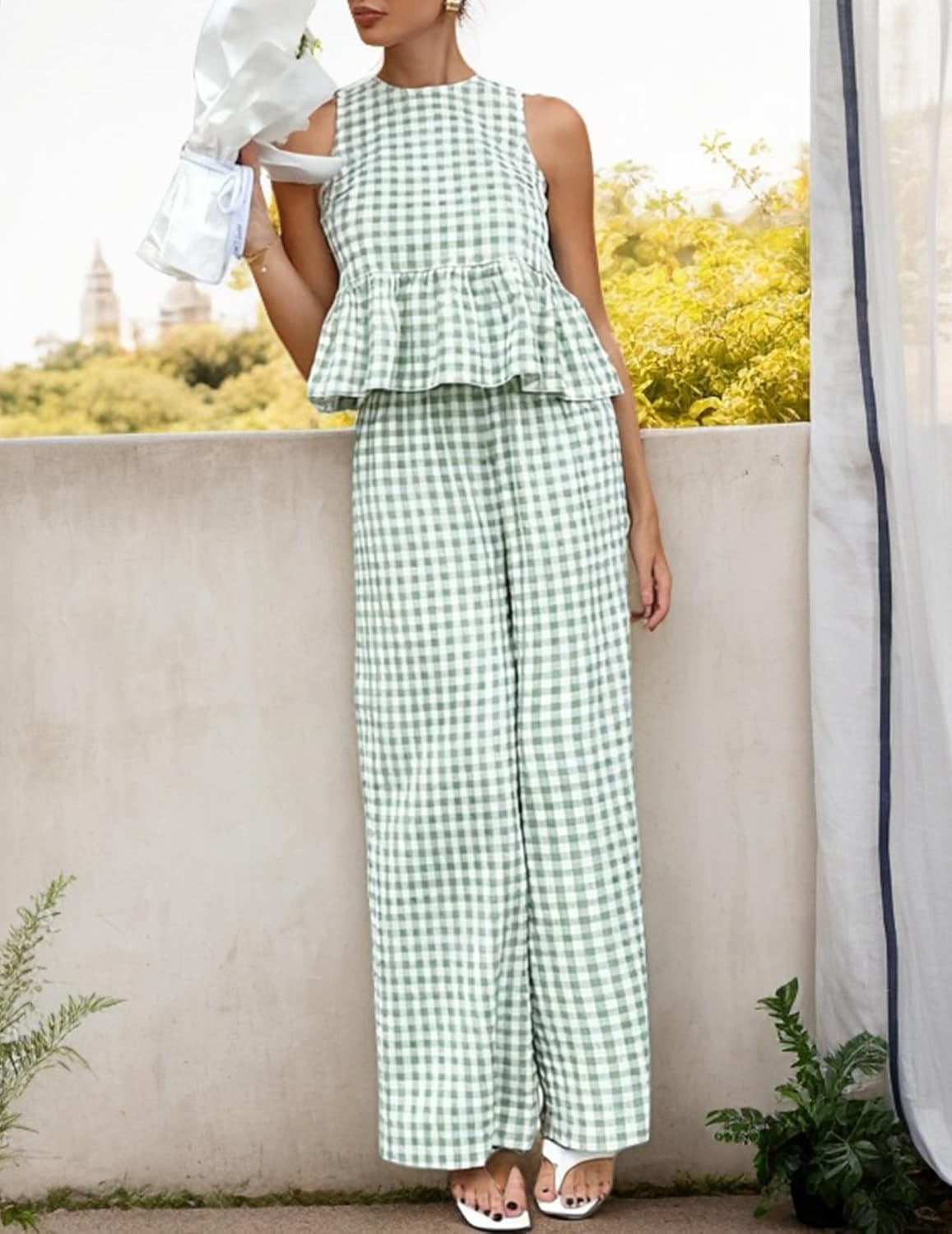 Womens 2 Piece Gingham Set Cute Plaid Open Back Ruffle Outfits Tops and Pants Vacation Matching Lounge Sets - Image 3