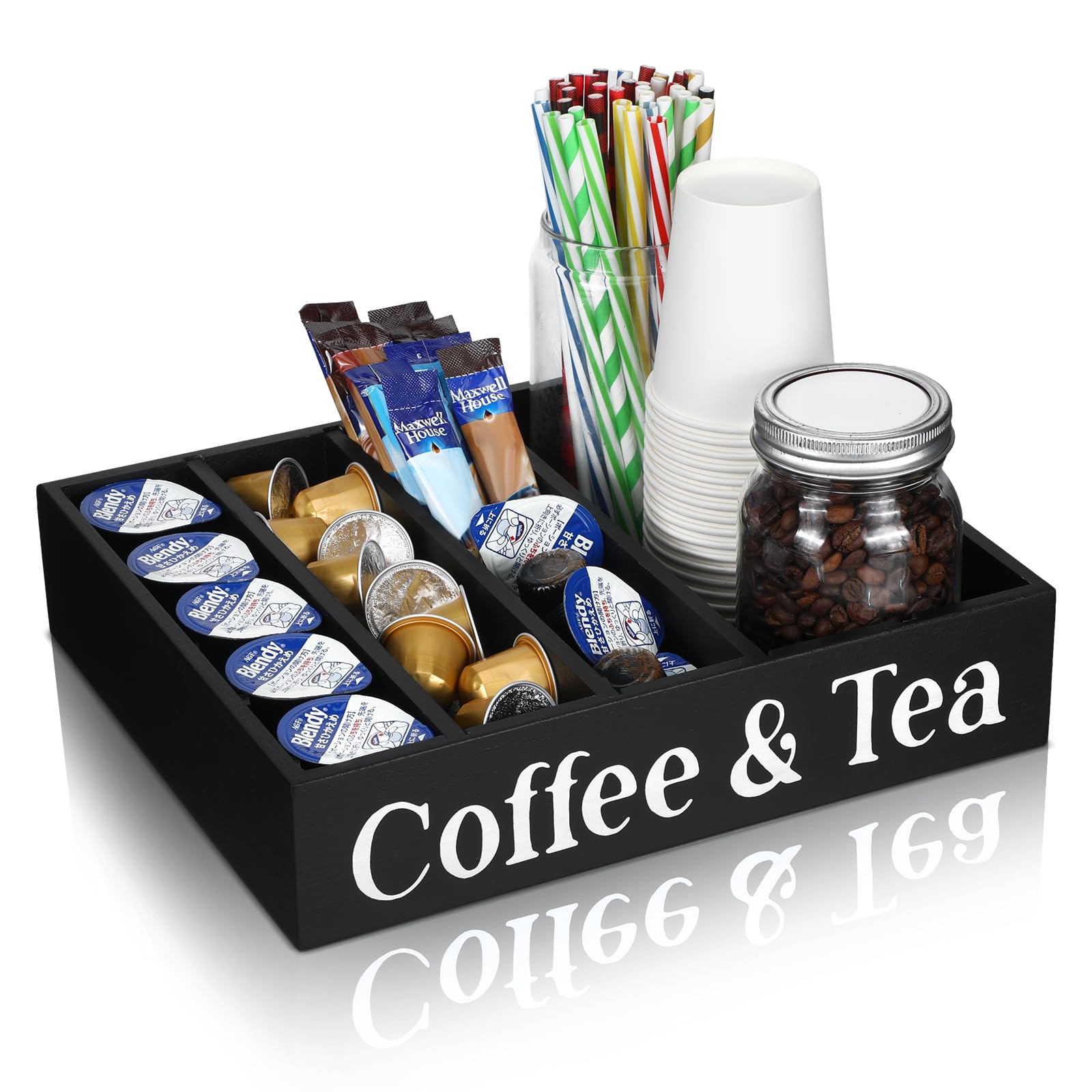 Soaoo Coffee And Tea Organizer With 4 Removable Dividers, Wooden Coffee Station Condiment Organizer Adjustable Cafe Pod Holder Home Office Kitchen Countertop Bar Accessories