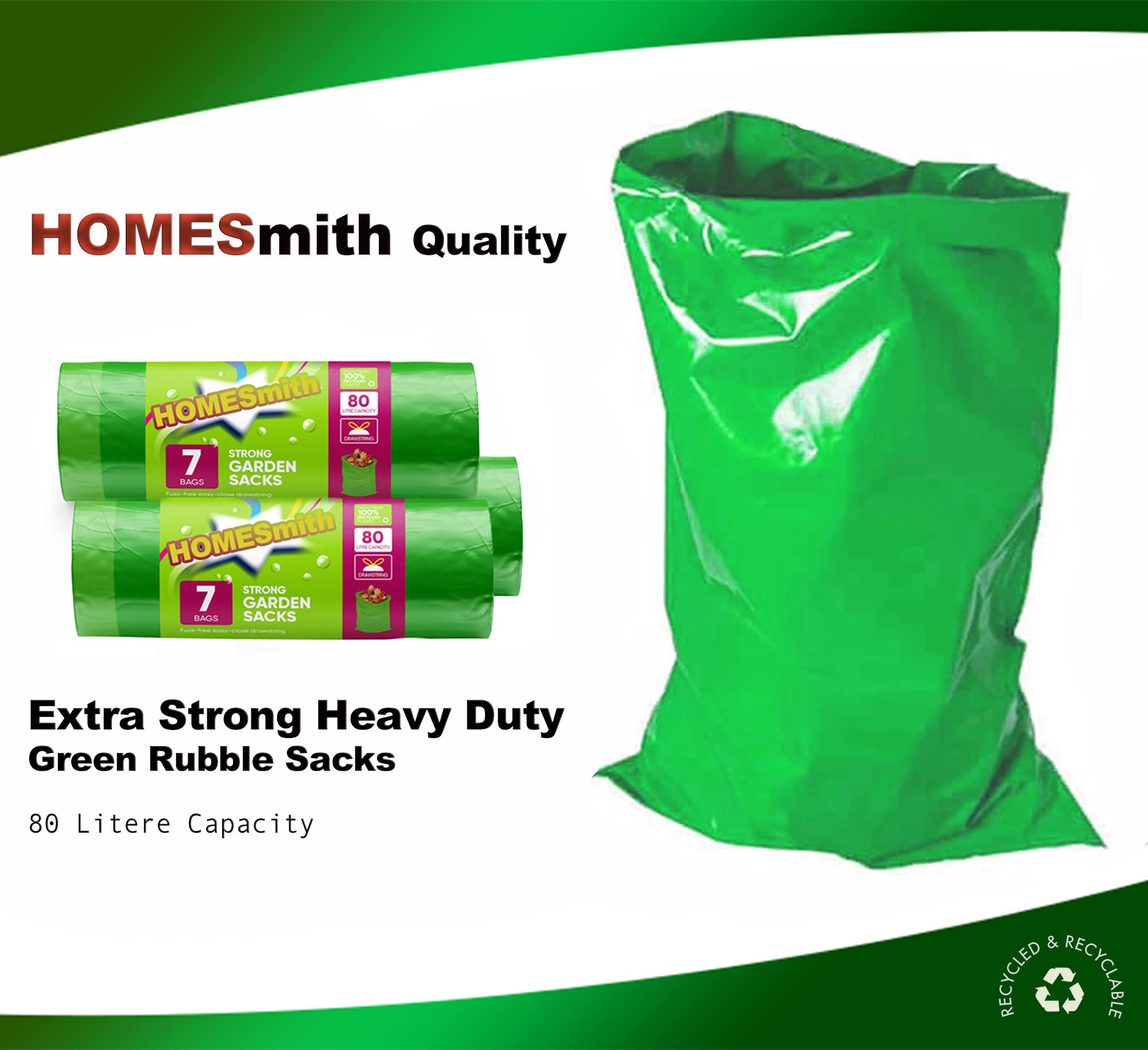 HOMESmith Large Heavy Duty Garden Sacks Builders and DIY Choice Rubble Bags - Pack of 7, Green, 10 count (Pack of 1) - Image 2