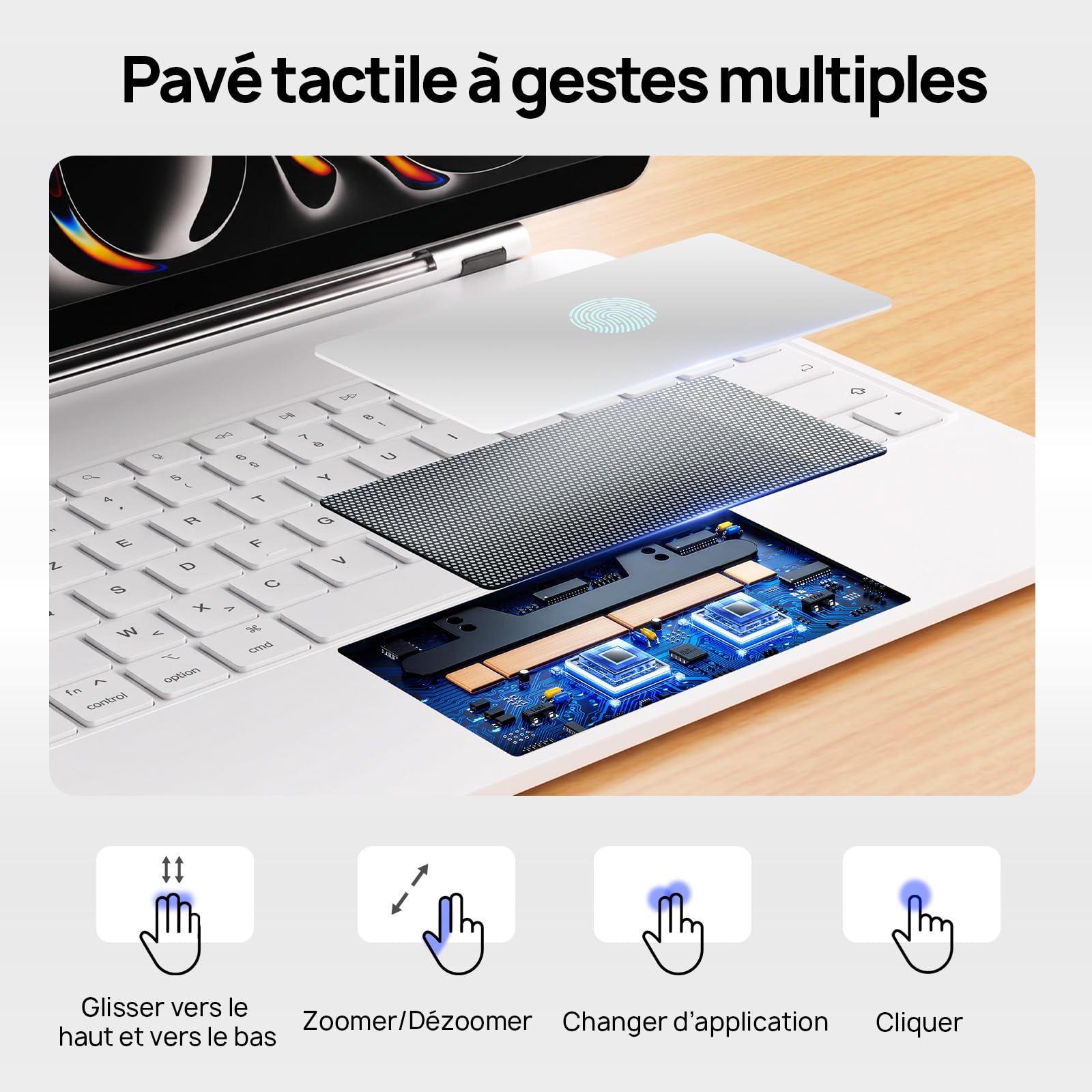 CSZZACME Clavier AZERTY Épuré pour iPad Air 13 Pouces M4/M3/M2 & iPad Pro 12,9" (6e/5e/4e/3e Gen) avec Trackpad Multitâche, Rétro-éclairage, Touches Raccourci, Fixation Magnétique, Blanc