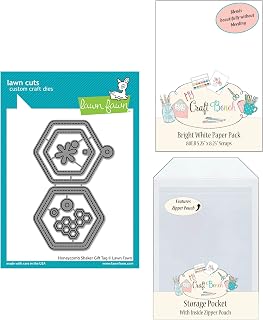 Honeycomb Shaker Gift Tag Lawn Fawn Dies Bundle with My Craft Bench Secure Storage Pocket & 80LB Cardstock -Bundle of 3 Items