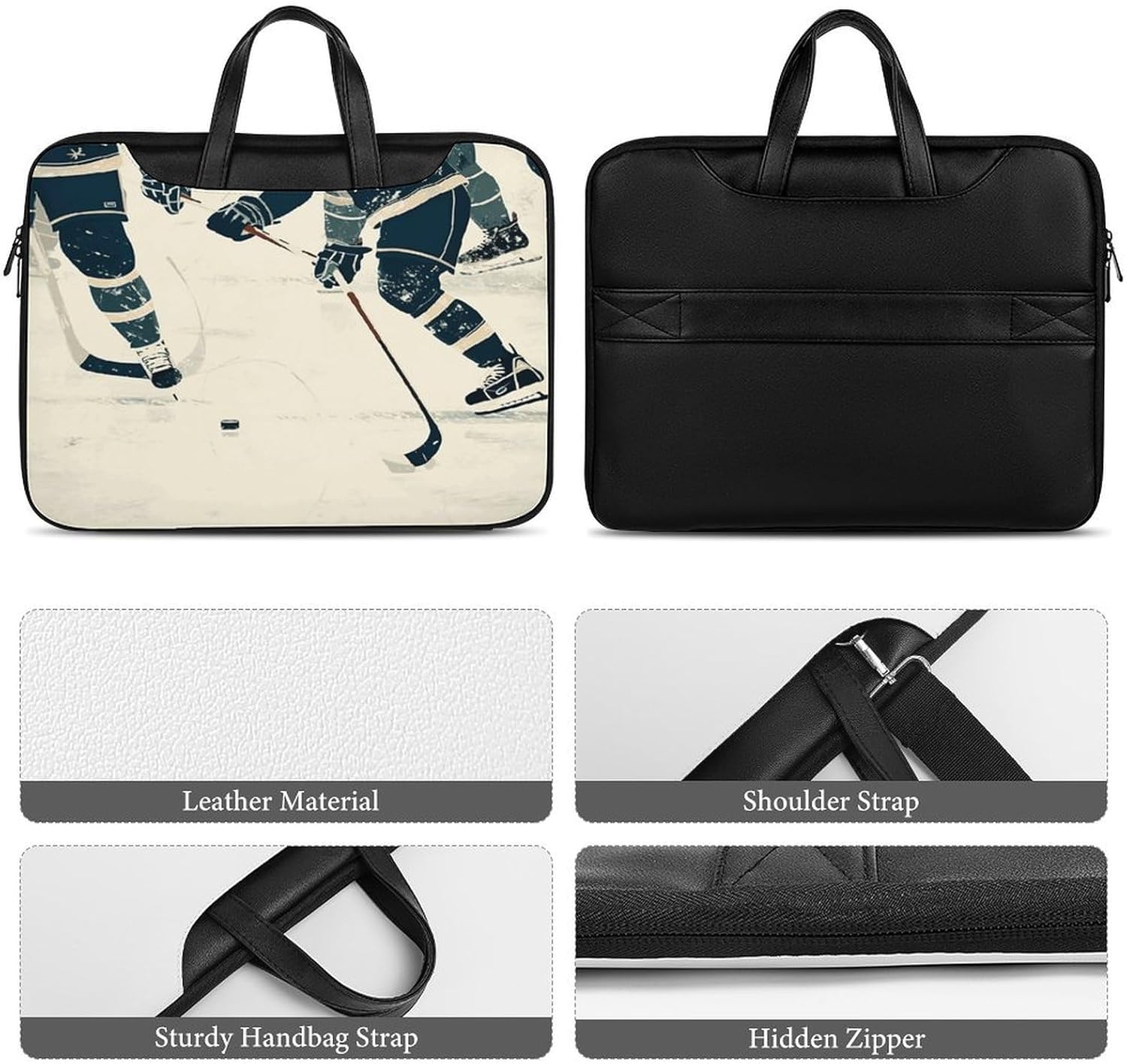 Ice Hockey Pattern 37x28cm Black-style Laptop Bag Leather Tablet Computer Briefcase Large Capacity Work Business Tote Bags for Office