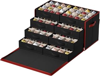 SONGMICS Large Christmas Ornament Storage Box, with Side Open, Stackable Christmas Storage Container with Lid, 8 Drawer Trays, 600D Oxford, 3-Inch 128 Slots, Ink Black URFB038B01
