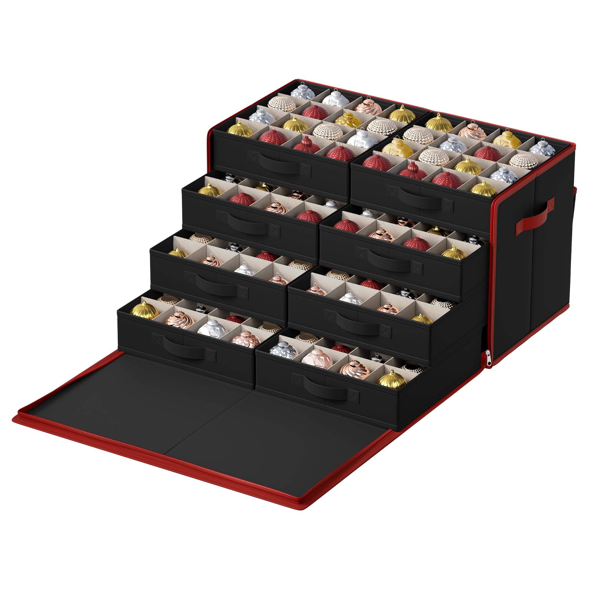 SONGMICS Large Christmas Ornament Storage Box, with Side Open, Stackable Christmas Storage Container with Lid, 8 Drawer Trays, 600D Oxford, 3-Inch 128 Slots, Ink Black URFB038B01 Ink Black 1