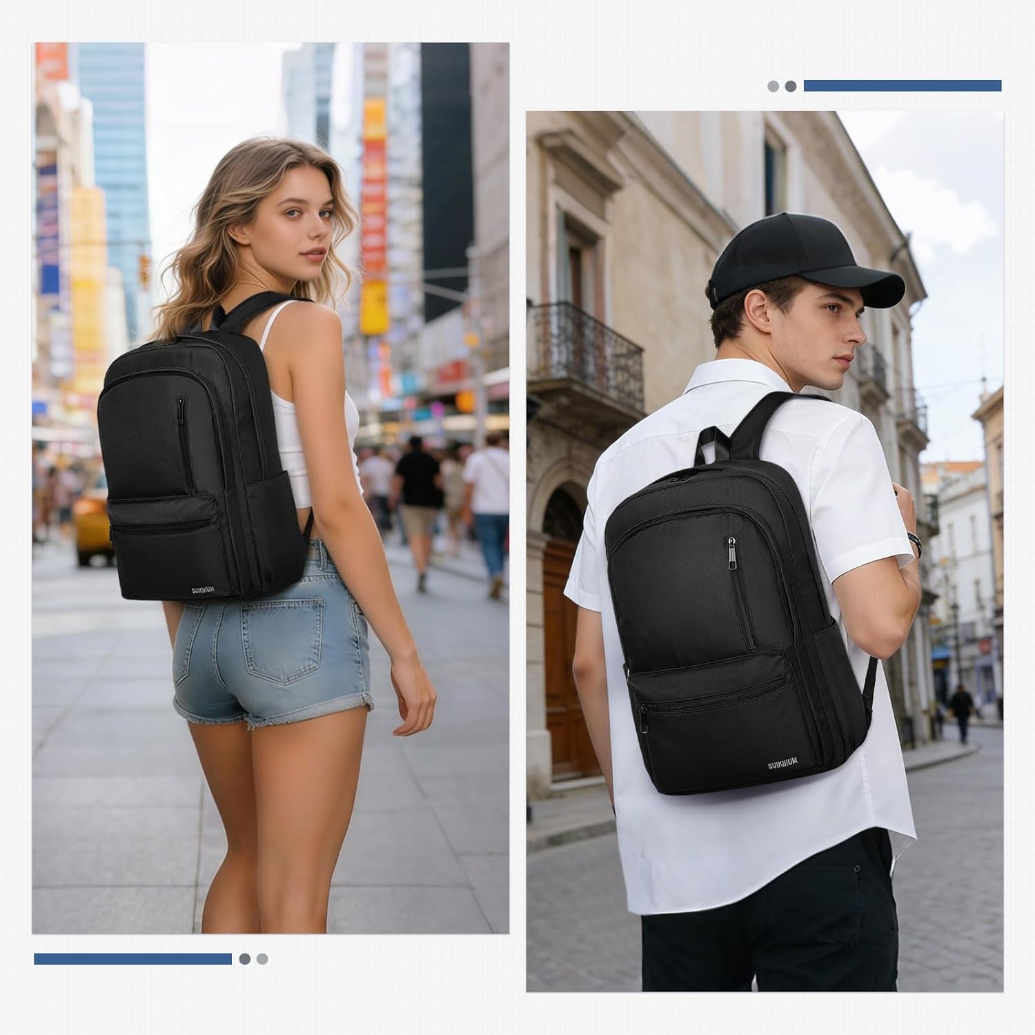 Nylon Backpack for Men & Women, Water-Resistant Everyday Backpack with 15.6" Laptop Compartment, Anti-Theft Pocket & Luggage Strap, Black