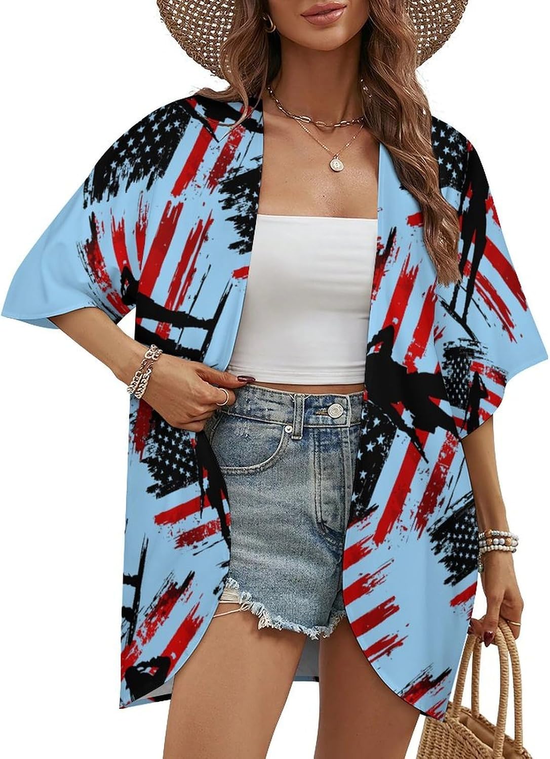 Veterans U.S Flag Salute Women's Open Front Cardigan Short Sleeves Jacket Lightweight Sweaters Tops