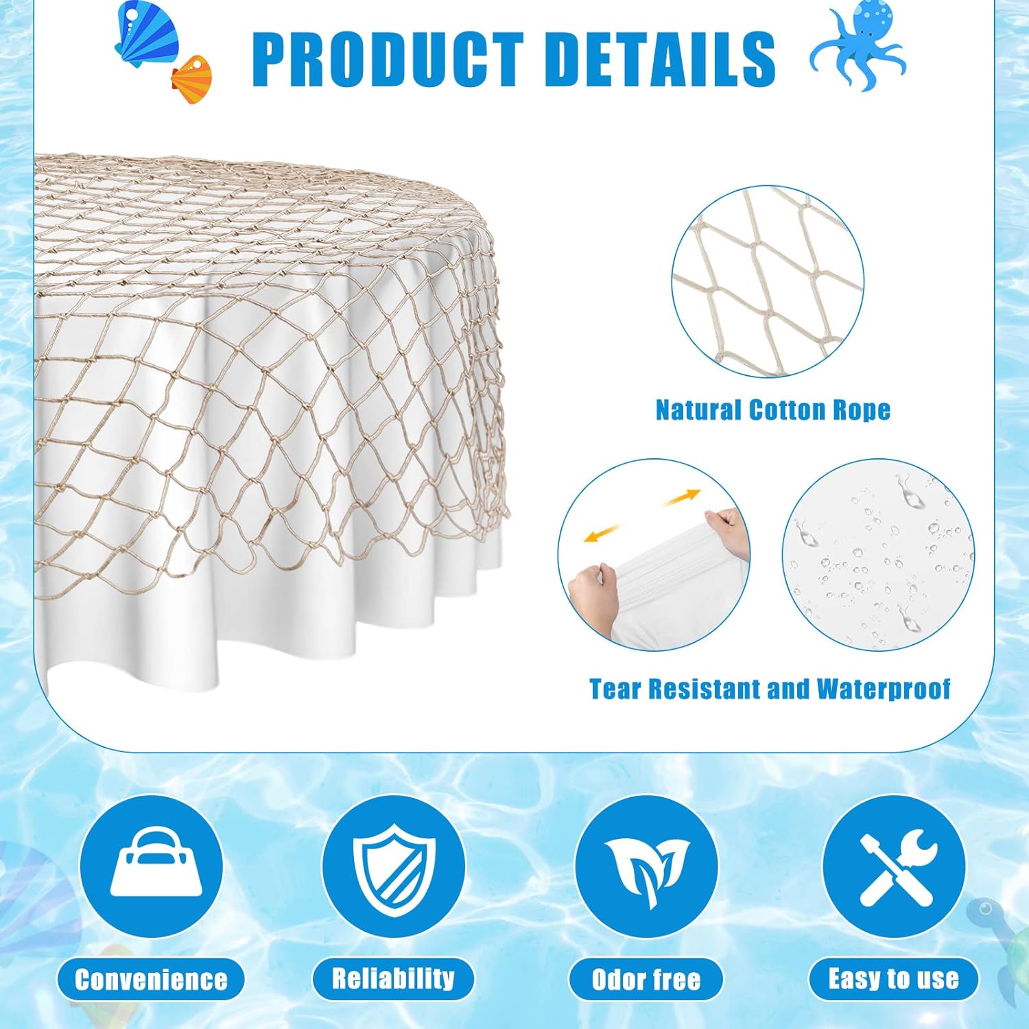 Irenare 8 Pack Fish Net Decorative and Tablecloth Set Party Decorations Cotton Fishnet and Round Table Cover Set for Ocean Nautical Mermaid Fishing Birthday Party (White)