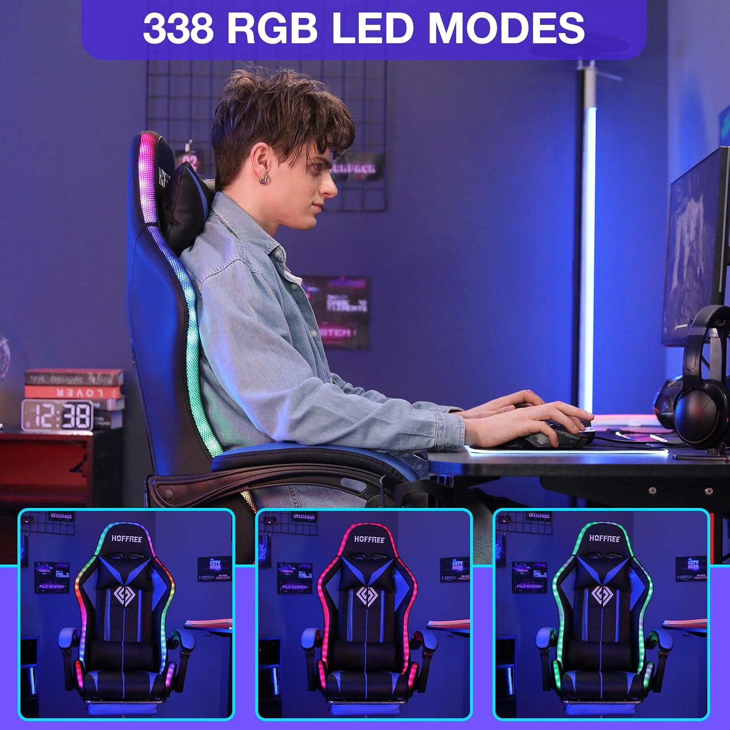 HOFFREE RGB Gaming Chair with Speakers Massage Computer Gaming Chair with LED Lights and Footrest High Back Video Game Chair for Adults Blue and Black
