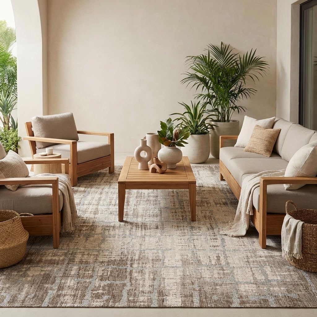 Couristan Charm Tiverton 7'10" x 10'9" Sand Ivory Indoor Outdoor Area Rug - Abstract Distressed, Hose Washable Flat Weave, UV-Protected, Living Room Dining Room Deck