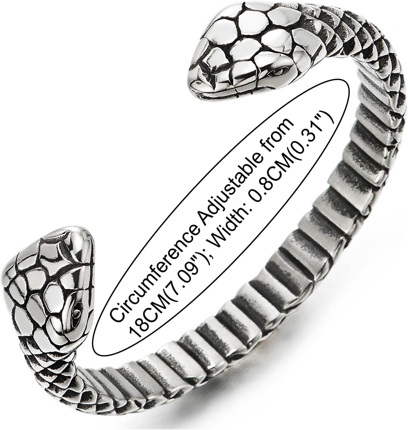COOLSTEELANDBEYOND Stainless Steel Snake Heads Cuff Bracelet for Mens Women, Snake Scale Bangle, Retro Style - Image 4