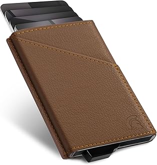 Card Holder Wallet, Vegan Leather Wallets, RFID for Men, Minimalist Credit Holders Pop Up Metal Slim (Brown)