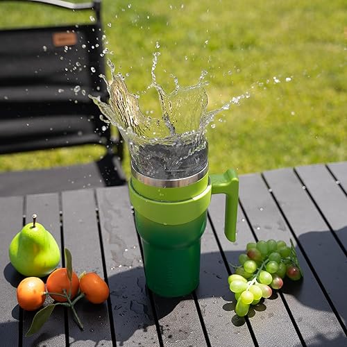 Miniatura 6 de BJPKPK Vaso con asa de 40 fl oz, con aislamiento térmico, con tapa y popote, de acero inoxidable, para viajar, taza para café, color bambú (Bamboo