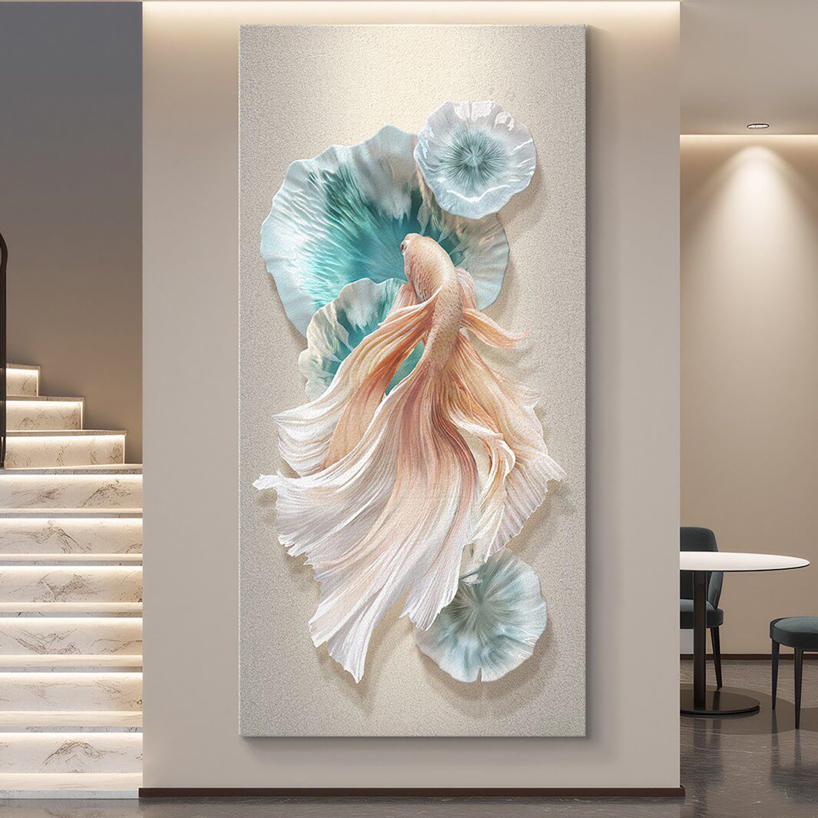 ZCQMSCWW 3D LED Embossed Koi Fish Wall Art，Large Vertical Lotus Leaf Mural Modern Textured Relief Sculpture Decor for Entryway Living Room(D,120 * 60cm/47.2 * 23.6in)