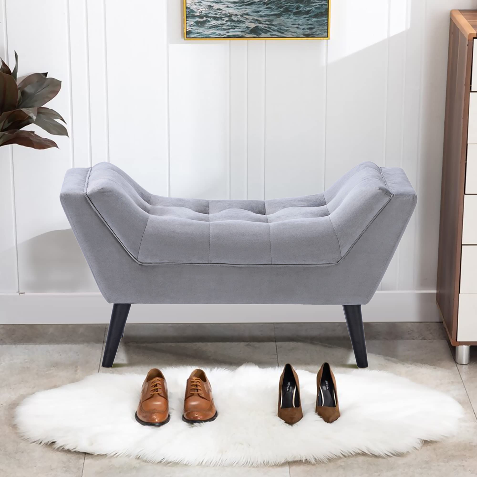 Alunaune Velvet Tufted Ottoman Bed Bench for Bedroom End of Bed Bench Ottoman, Upholstered Small Entryway Bench Modern Storage Footstool Bench with Wooden Legs-Light Gray