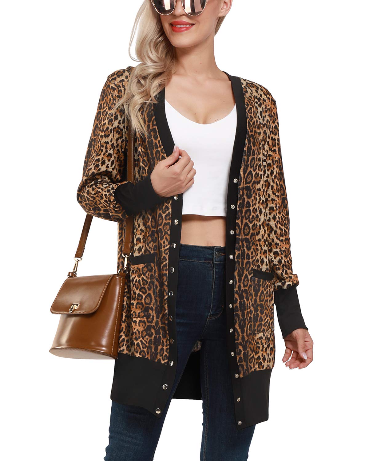 II ININ Cardigan da Donna con Scollo a V Lavorato a Maglia a Maniche Lunghe con Bottoni leopardati e Tasche