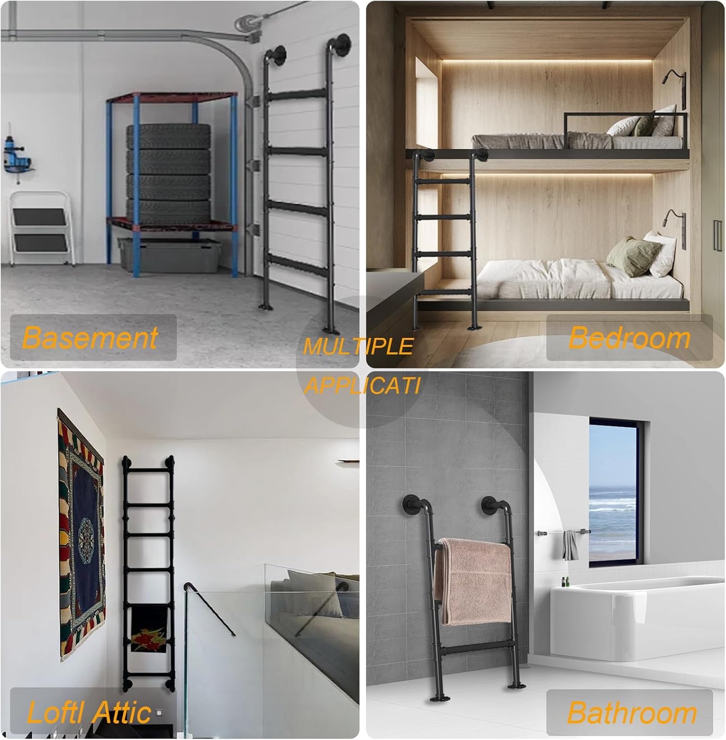 Scala per letto a castello con 6 pioli, 2,13 x 0,46 m, da parete a pavimento, scala da arrampicata per uscita di emergenza (window well egress), in ferro battuto, capacità 150 kg, per interni ed