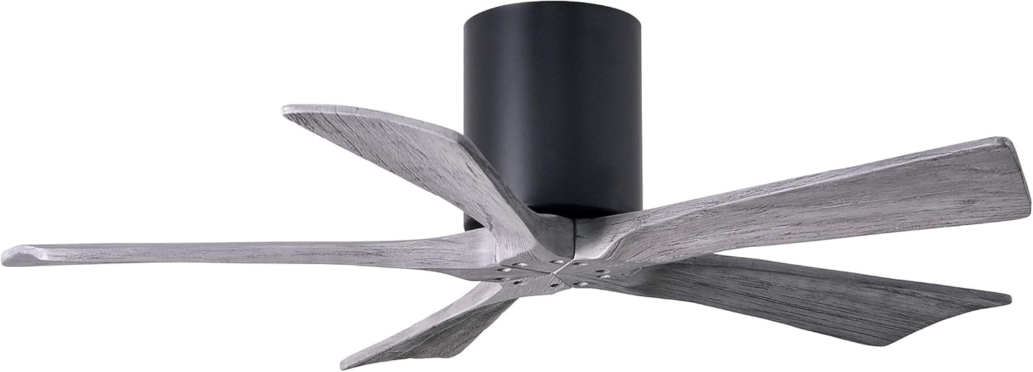 Matthews IR5H-BK-BW-42 Irene Damp Rated 42" Flush Mount Ceiling Fan with Remote & Wall Control, Silent DC Motor, 5 Barn Wood Tone Solid Wood Blades, Matte Black