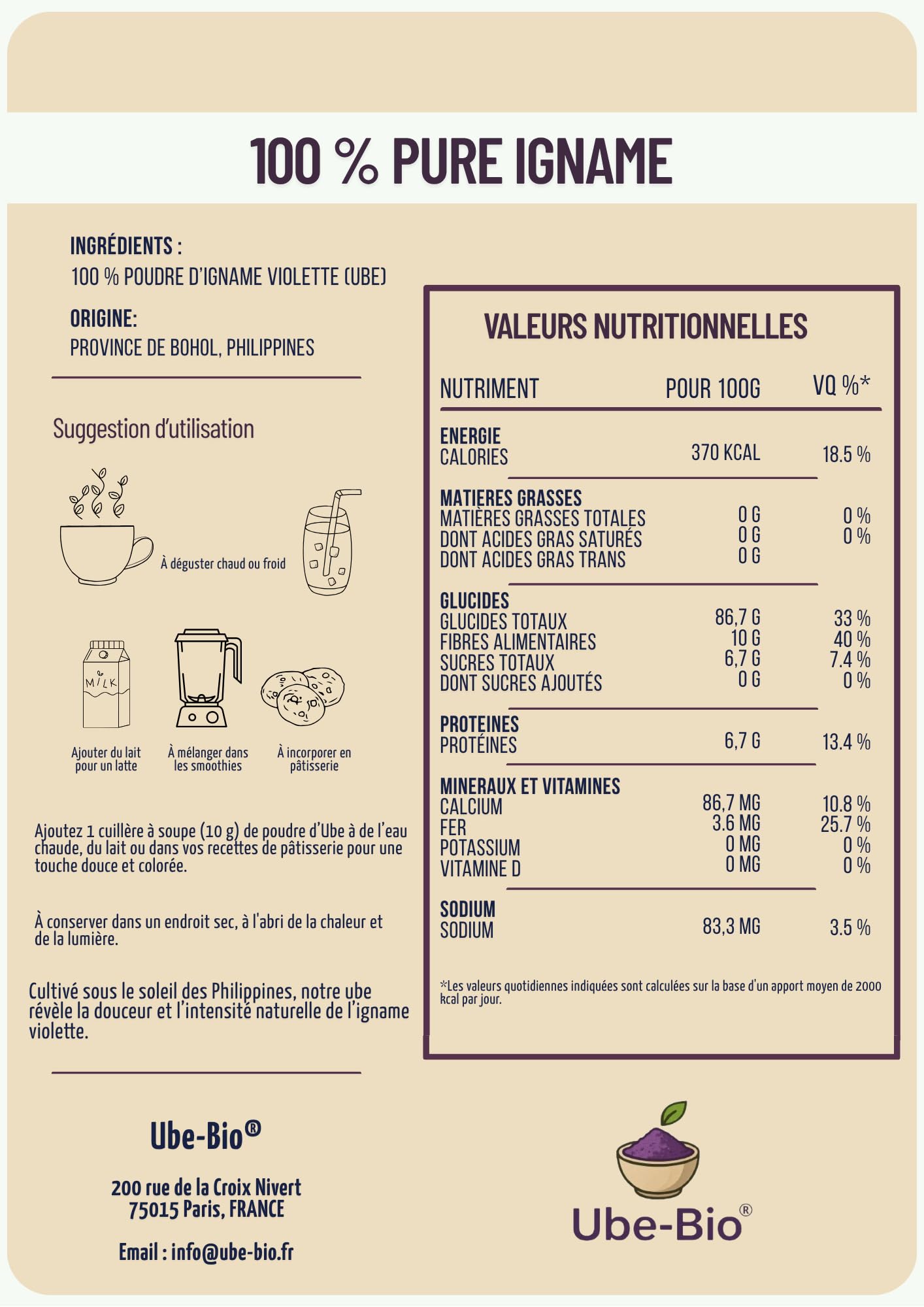 Polvo de Ube Bio 100g, Ñame Violeta Natural (Dioscorea Alata): Superalimento Vegano sin Gluten