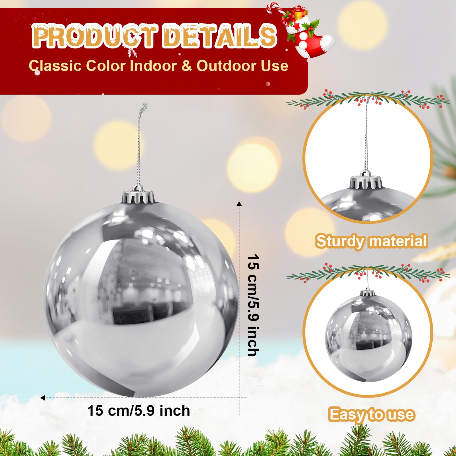 Hiboom Lot de 4 grandes boules de Noël en plastique à remplir pour sapin de Noël - Ornements à suspendre pour la maison, l'extérieur, les vacances, la pelouse, la cour, la fête (argenté)