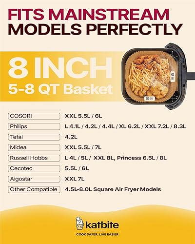 Miniatura 5 de Katbite Forros desechables para freidora de aire Forros cuadrados antiadherentes de papel para freidora de aire de 8 pulgadas, papel pergamino sin
